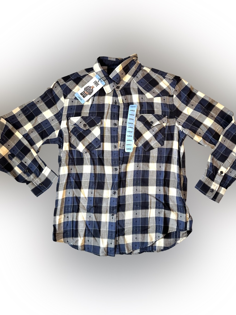 New FRYE Soft Cotton Blue White Plaid Button Down Collared Flannel Long Sleeve L